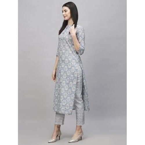 Gosriki Women's Cotton Blend Straight Printed Kurta With Pant (Babita Grey-Nw-Gs_Xl_Grey_X-Large)