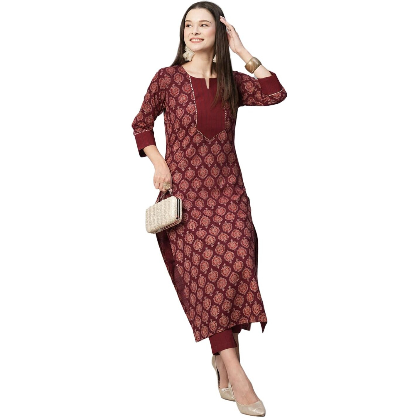 Gosriki Women's Cotton Blend Straight Printed Kurta With Pant (Garima Maroon-Gs_S_Maroon_Small)