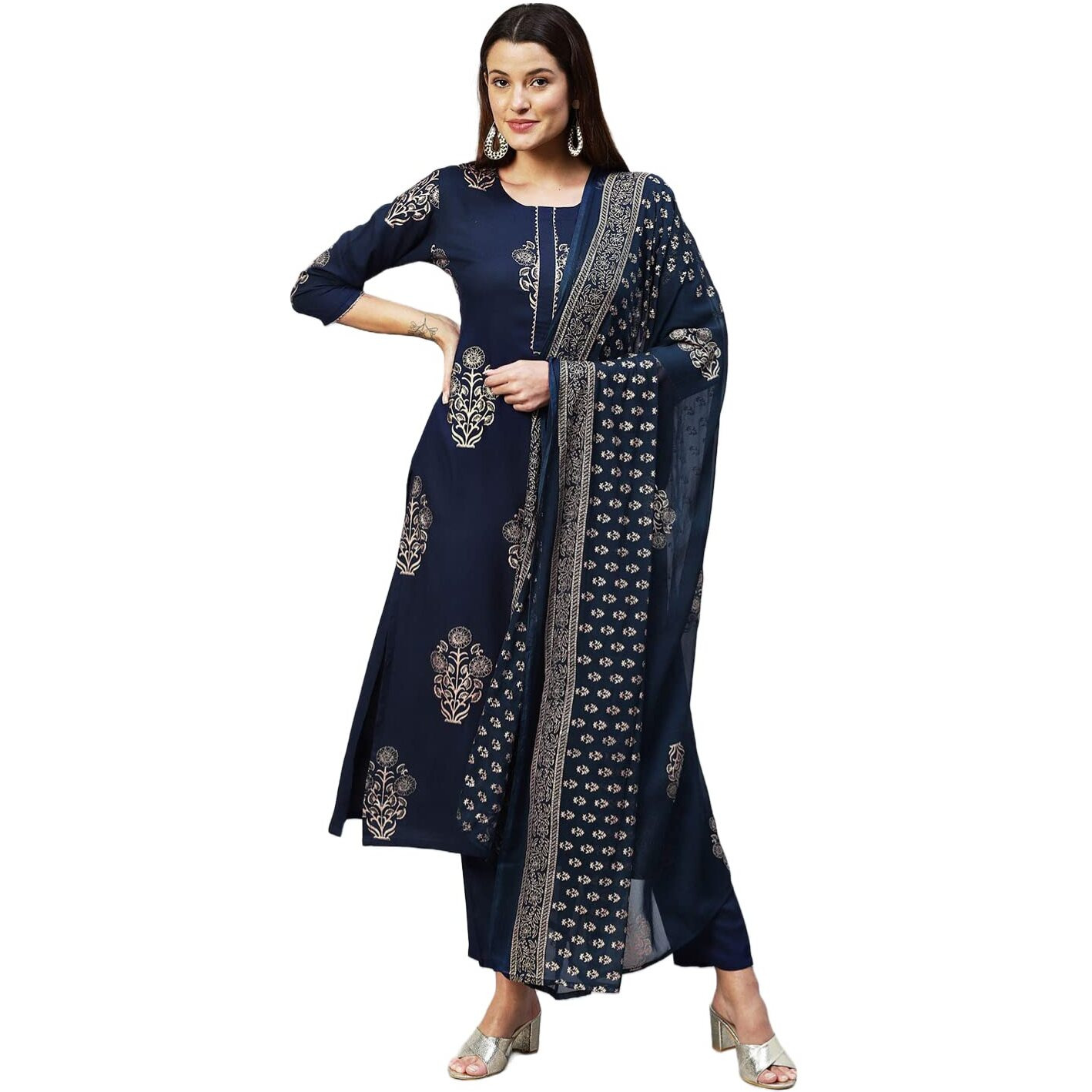 Gosriki Women's Cotton Blend Printed Straight Kurta With Pant & Dupatta (Radhu-Cerosin_Xl-Gs_Navy Blue_X-Large)