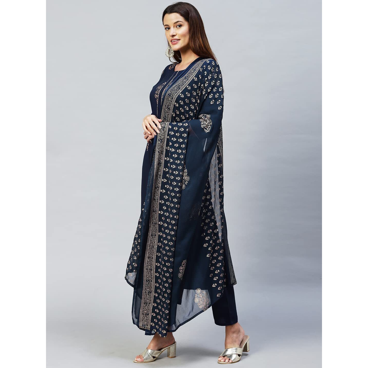 Gosriki Women's Cotton Blend Printed Straight Kurta With Pant & Dupatta (Radhu-Cerosin_Xl-Gs_Navy Blue_X-Large)