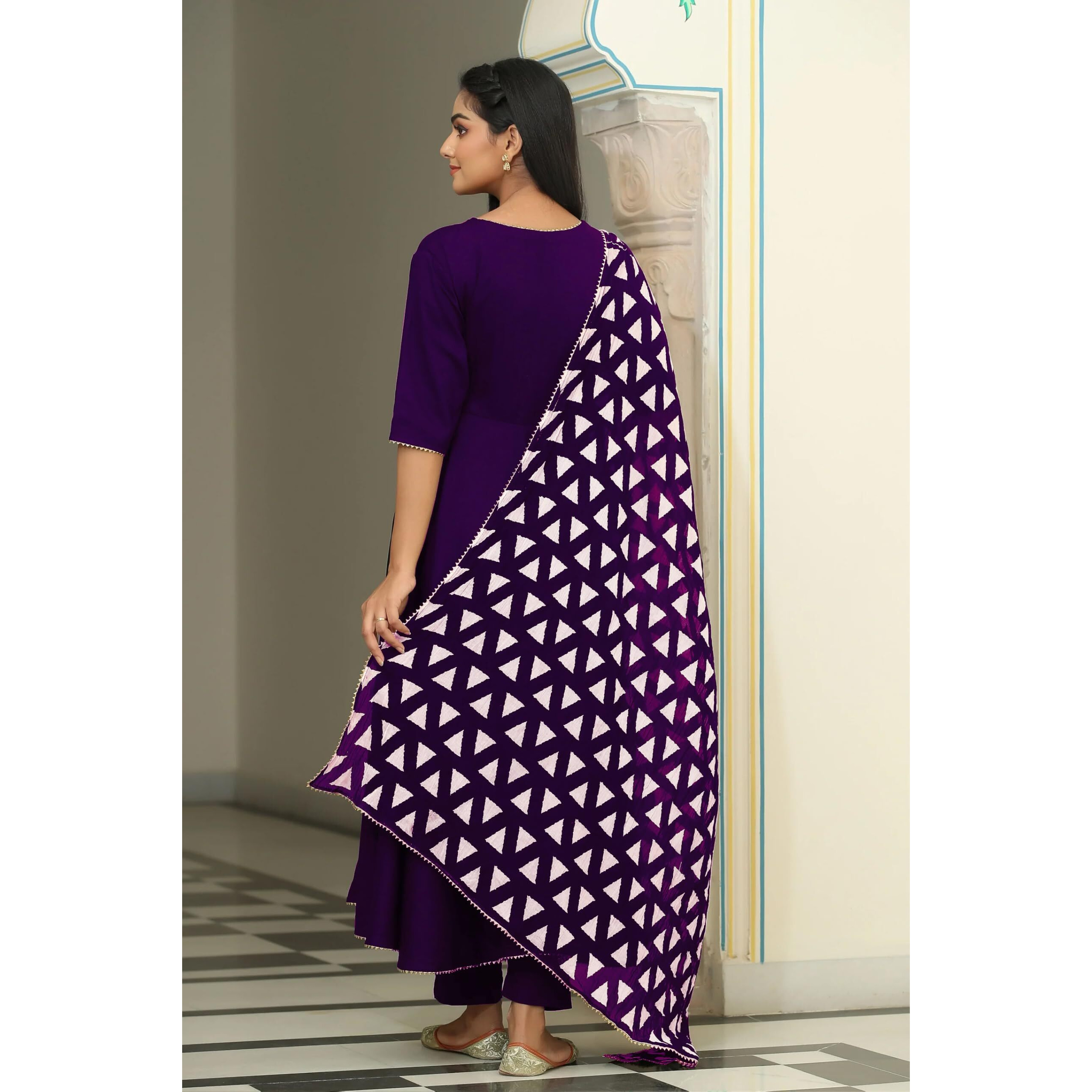 Gosriki Women's Rayon Blend Anarkali Solid Kurta With Pant & Dupatta (Mita Begani-Gs_L_Begani_Large)