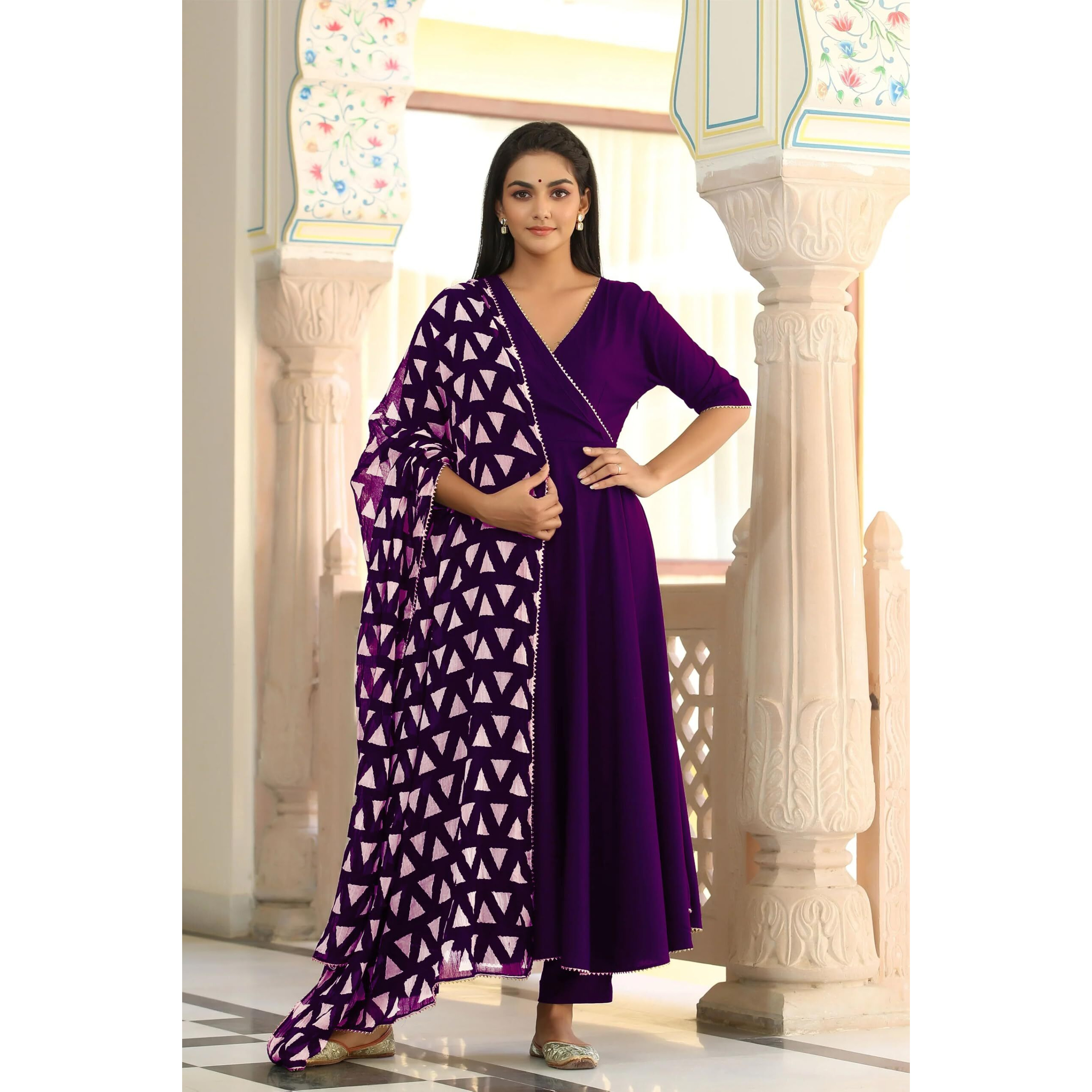 Gosriki Women's Rayon Blend Anarkali Solid Kurta With Pant & Dupatta (Mita Begani-Gs_L_Begani_Large)