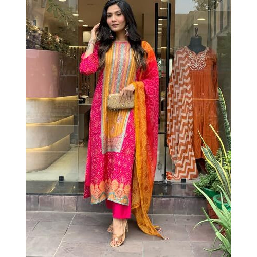 Gosriki Women's Rayon Blend Printed Straight Kurta With Pant & Dupatta (Shubhangi Rani-Gs_L_Pink_Large)