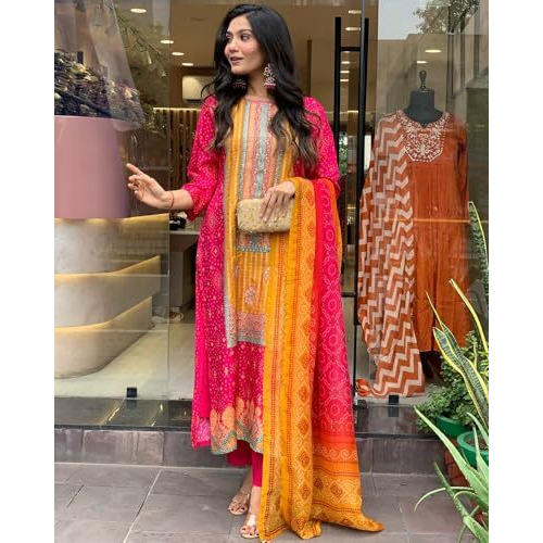 Gosriki Women's Rayon Blend Printed Straight Kurta With Pant & Dupatta (Shubhangi Rani-Gs_L_Pink_Large)