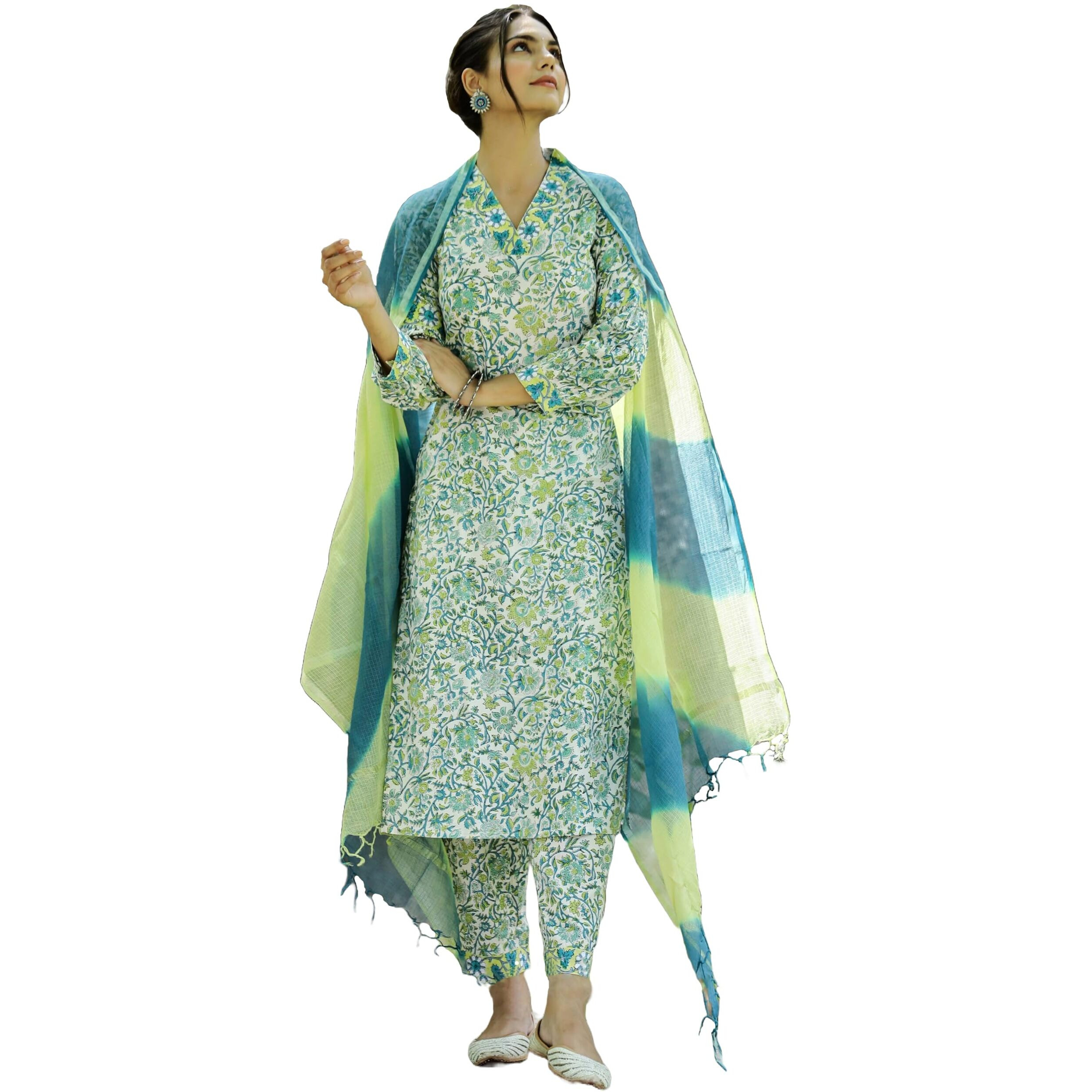 Gosriki Women's Rayon Blend Printed Straight Kurta With Pant & Dupatta (Sthula Multi-Gs_Xxl_Green_Xx-Large)