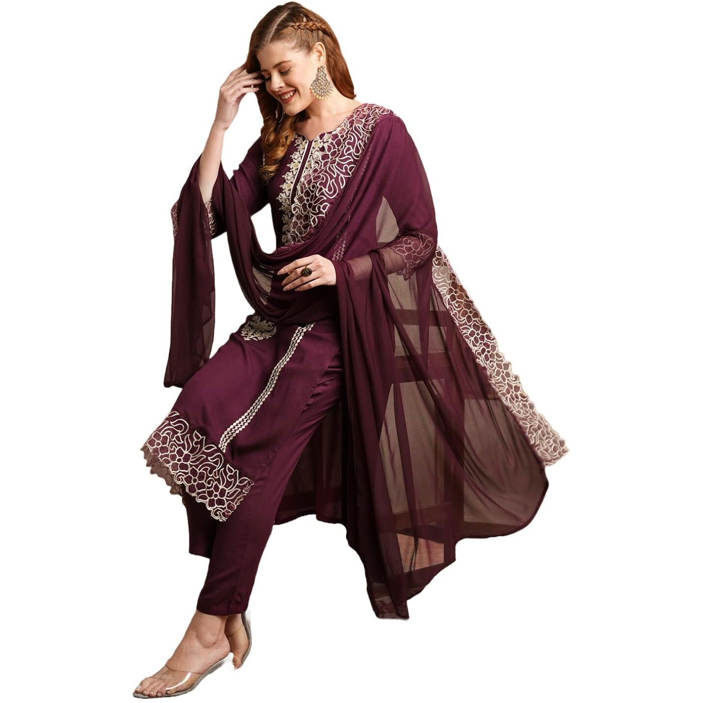 Gosriki Women's Rayon Blend Straight Embroidered Kurta With Pant & Dupatta (Trp Wine-Vks01-Gs_S_Wine_Small)