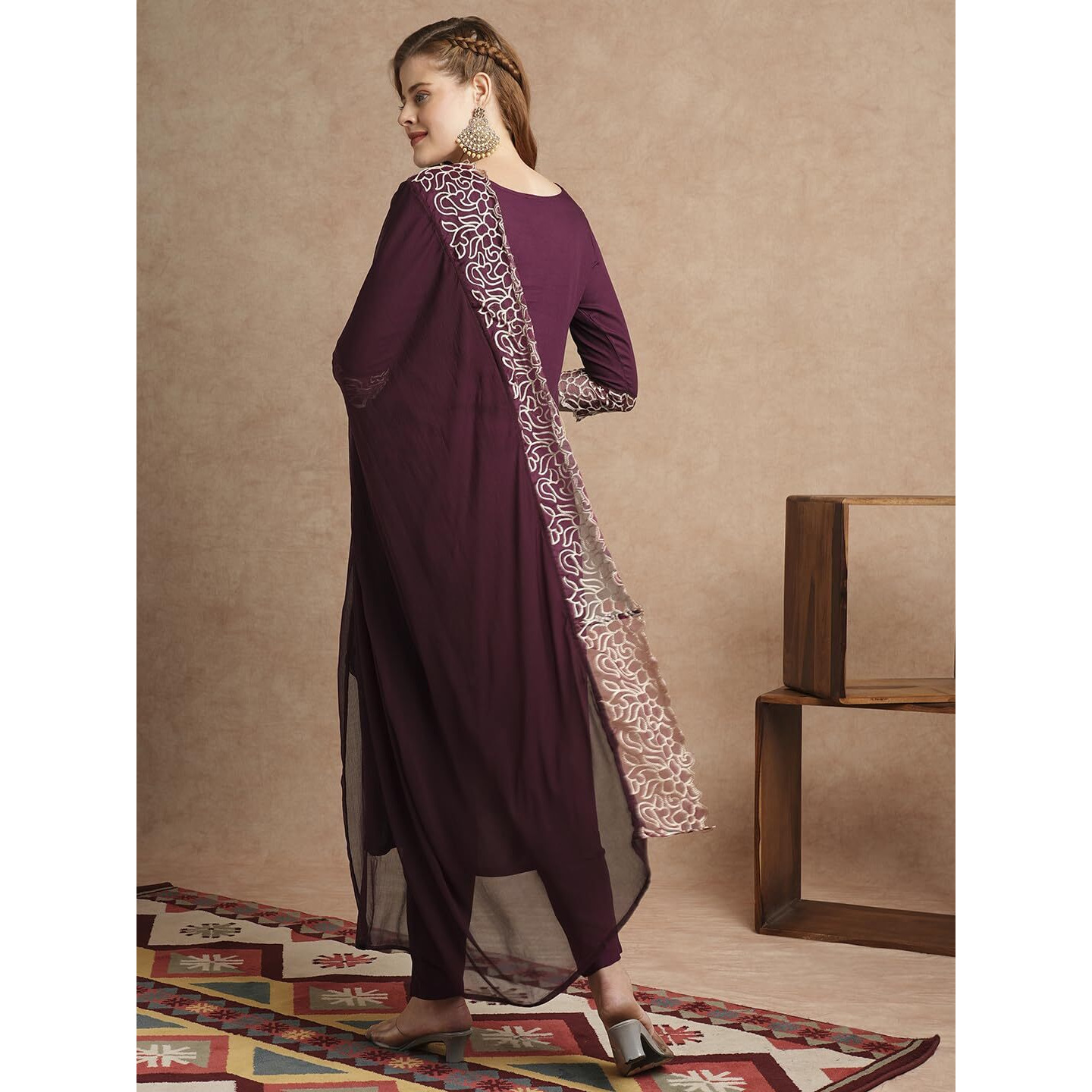 Gosriki Women's Rayon Blend Straight Embroidered Kurta With Pant & Dupatta (Trp Wine-Vks01-Gs_S_Wine_Small)