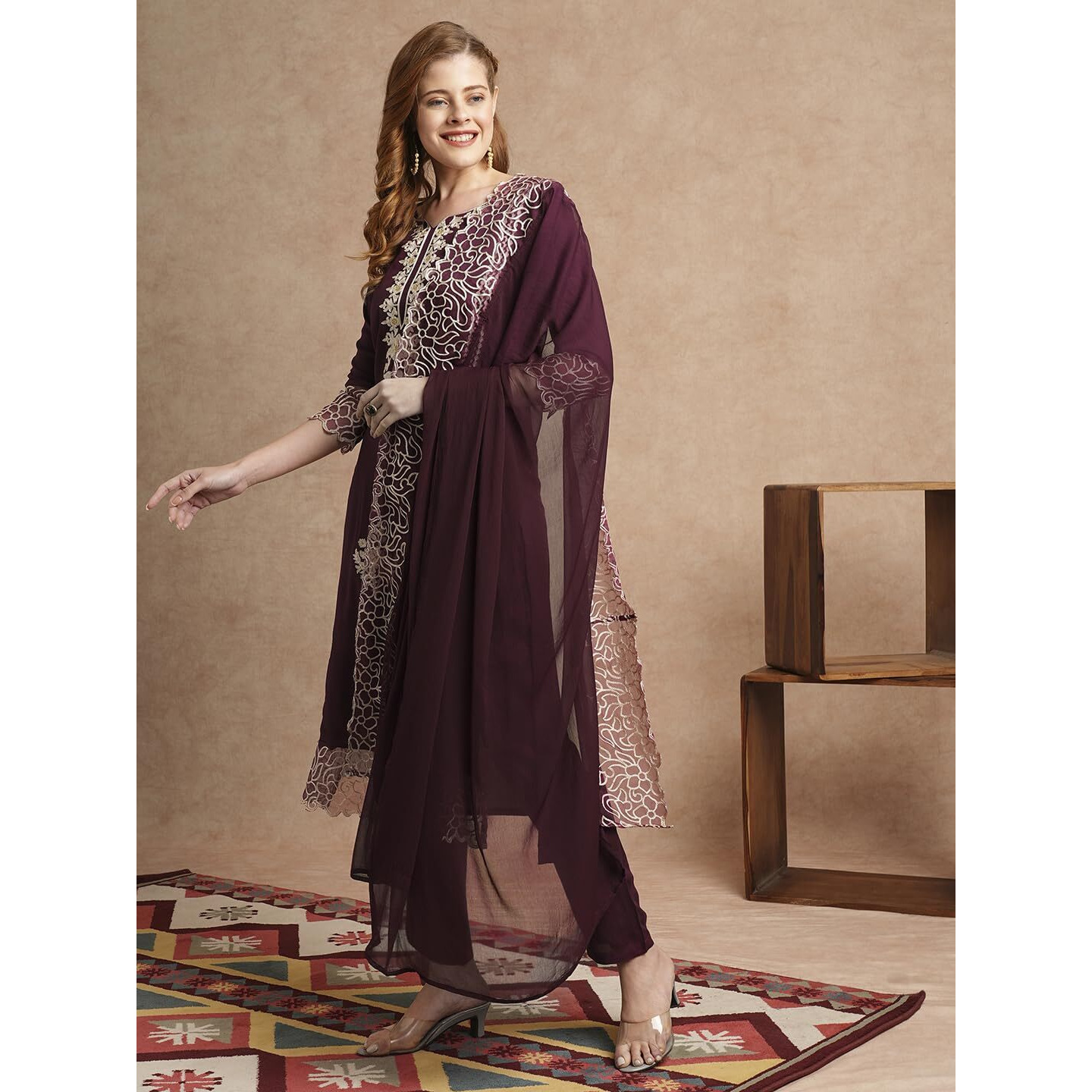 Gosriki Women's Rayon Blend Straight Embroidered Kurta With Pant & Dupatta (Trp Wine-Vks01-Gs_S_Wine_Small)