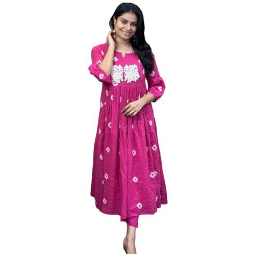 Gosriki Women's Rayon Blend Anarkali Printed Kurta With Pant (Anveshi Pink-Vks01-Gs_Xl_Pink_X-Large)