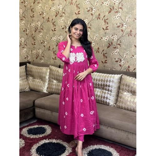 Gosriki Women's Rayon Blend Anarkali Printed Kurta With Pant (Anveshi Pink-Vks01-Gs_Xl_Pink_X-Large)