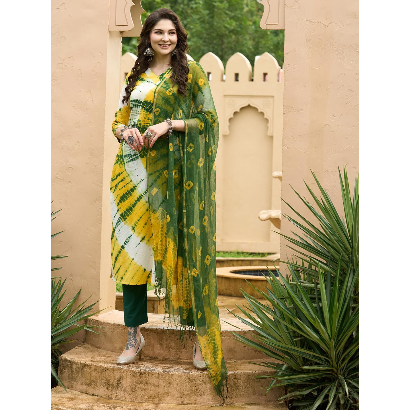 Gosriki Women's Rayon Blend Straight Printed Kurta With Pant & Dupatta (Kerul Yellow-Gs_S_Yellow_Small)