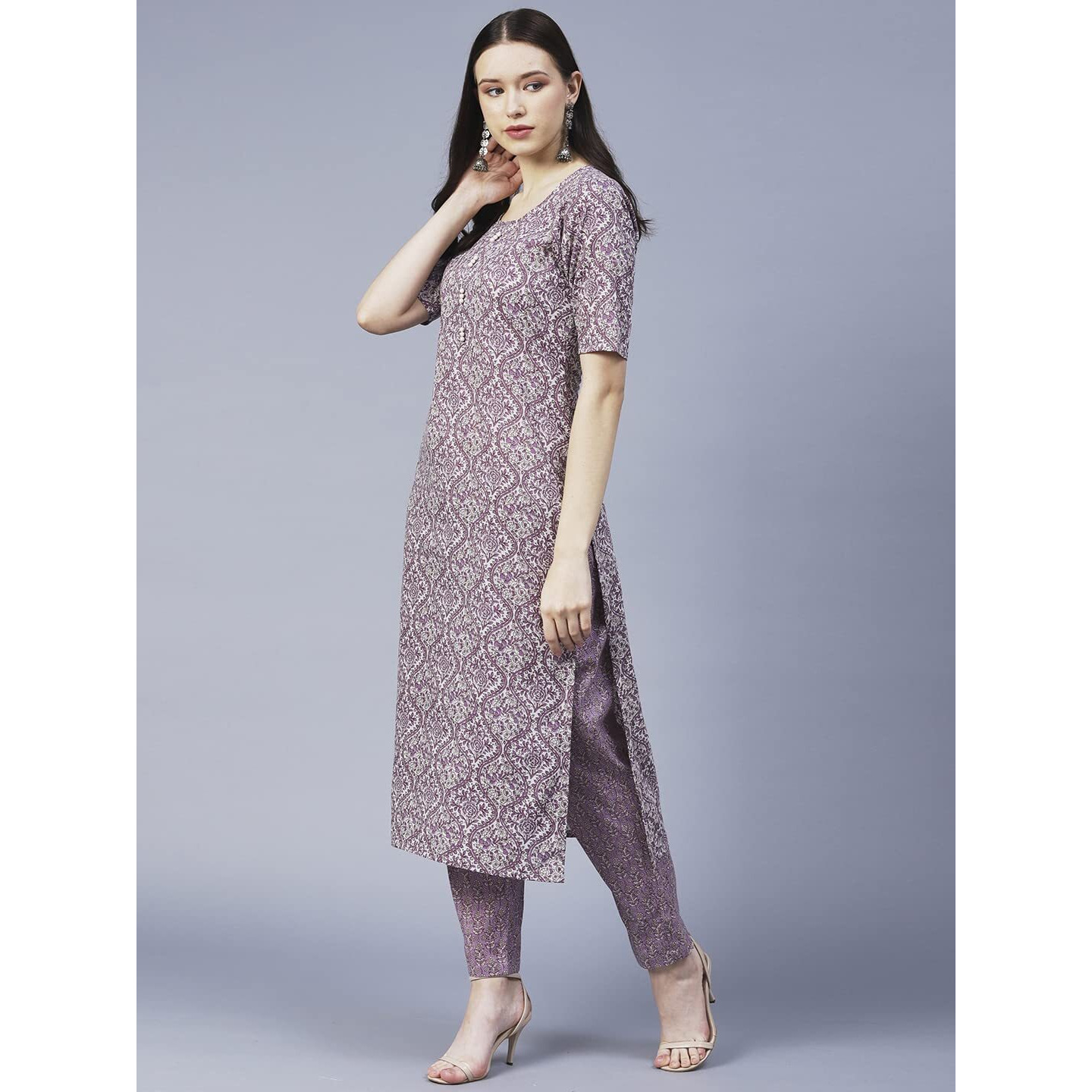 Gosriki Women's Cotton Blend Printed Straight Kurta With Pant (Batakli-Purple-Gs_Xl_Purple_X-Large)