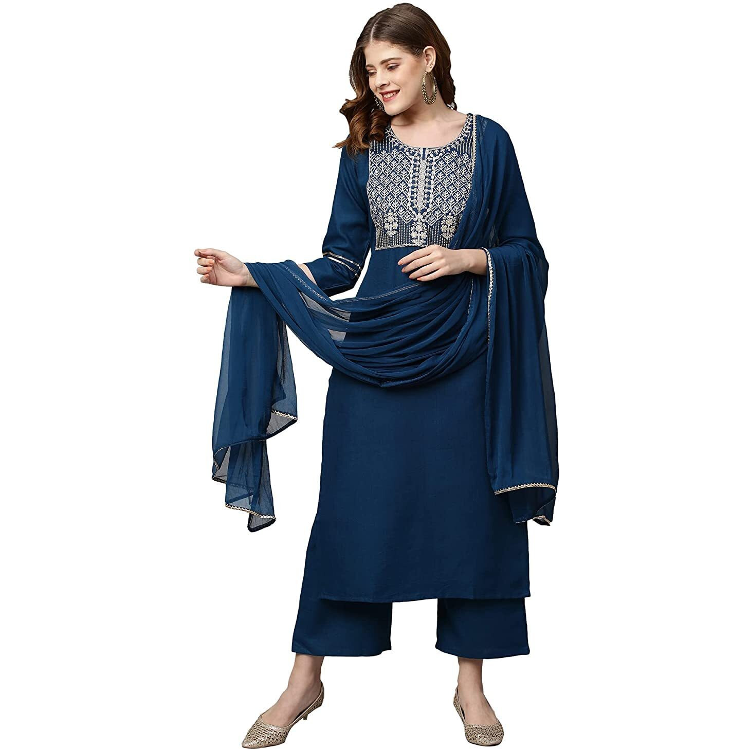 Gosriki Women's Cotton Blend Straight Embroidered Kurta With Pant & Dupatta (Mahuni-Go_ Blue_X-Large)