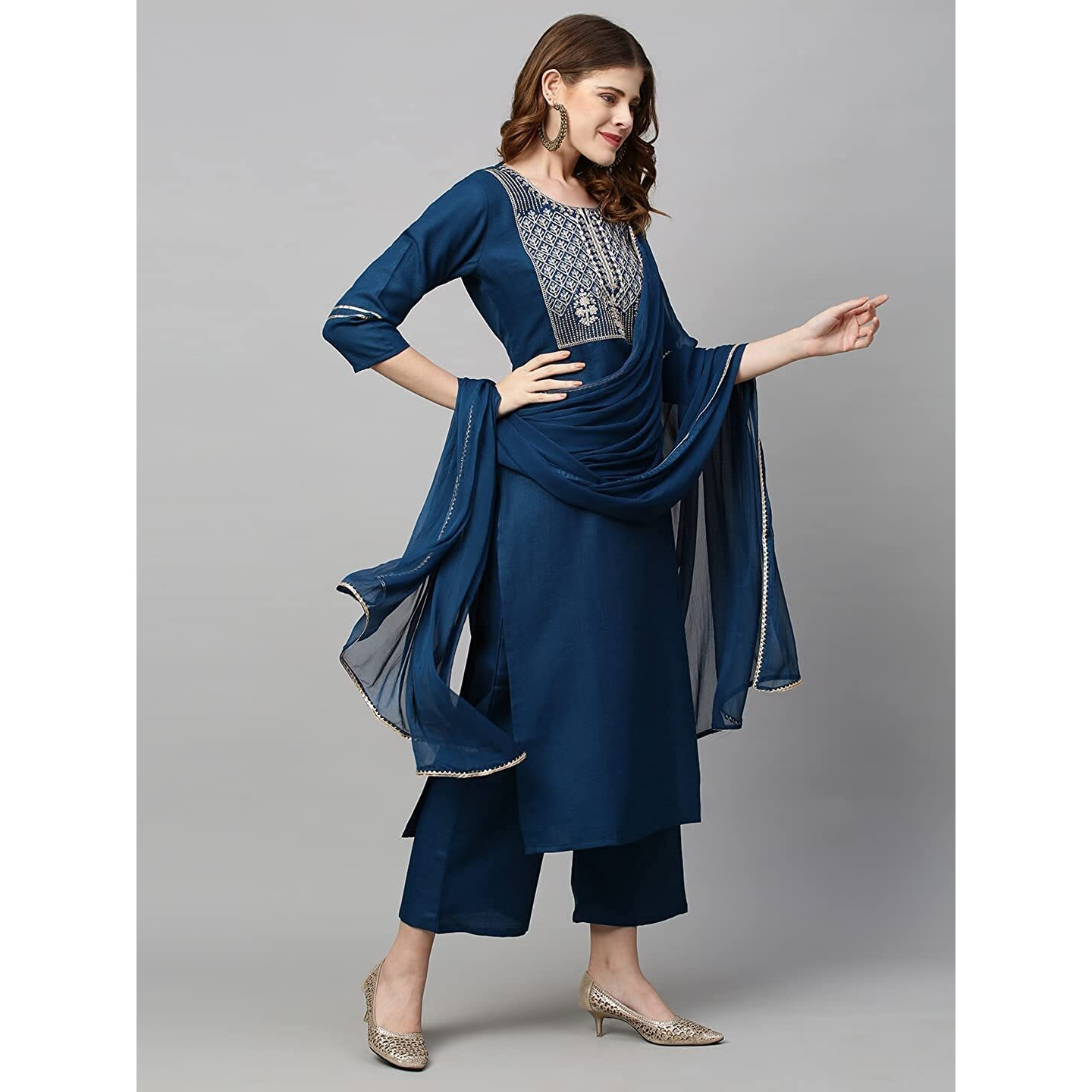 Gosriki Women's Cotton Blend Straight Embroidered Kurta With Pant & Dupatta (Mahuni-Go_ Blue_X-Large)