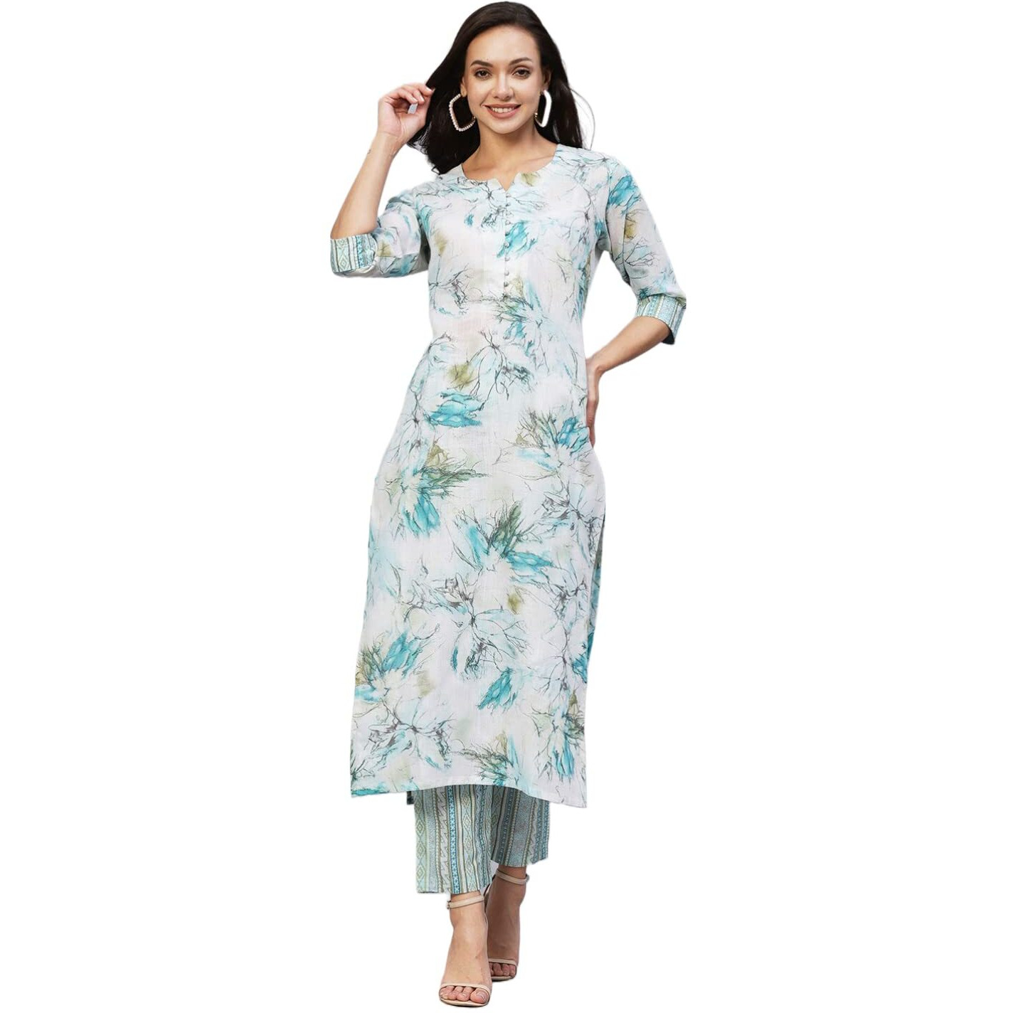 Gosriki Women's Cotton Blend Printed Straight Kurta With Pant (Ps-Rama-Green-Gs_L_Green_Large)