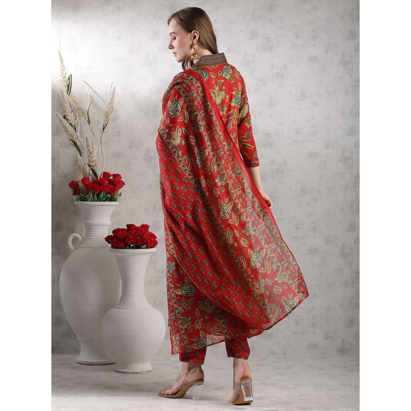 Gosriki Women's Rayon Blend Anarkali Printed Kurta With Palazzo & Dupatta (Cia Red-Vks05-Gs_Xxl_Red_Xx-Large)