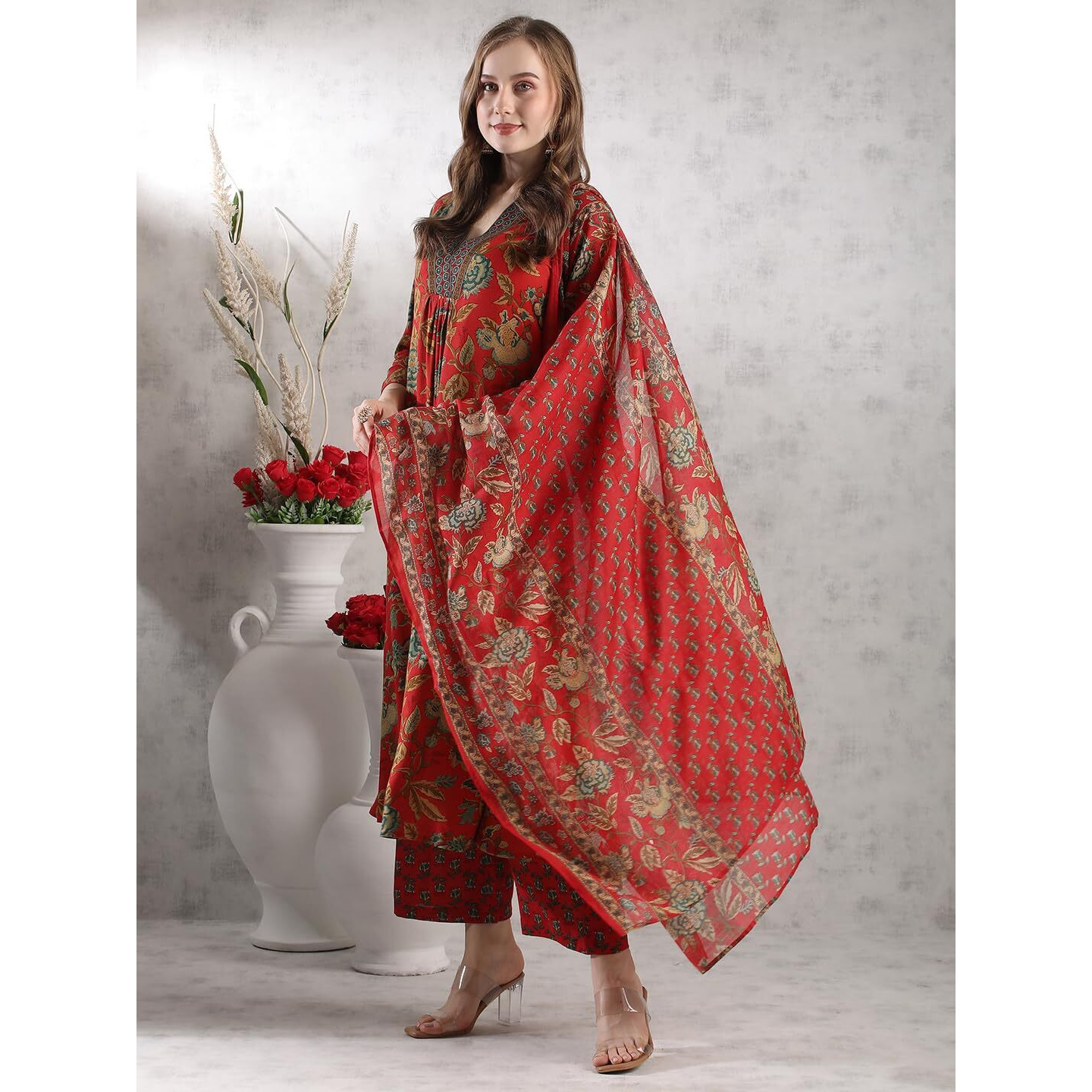 Gosriki Women's Rayon Blend Anarkali Printed Kurta With Palazzo & Dupatta (Cia Red-Vks05-Gs_Xxl_Red_Xx-Large)