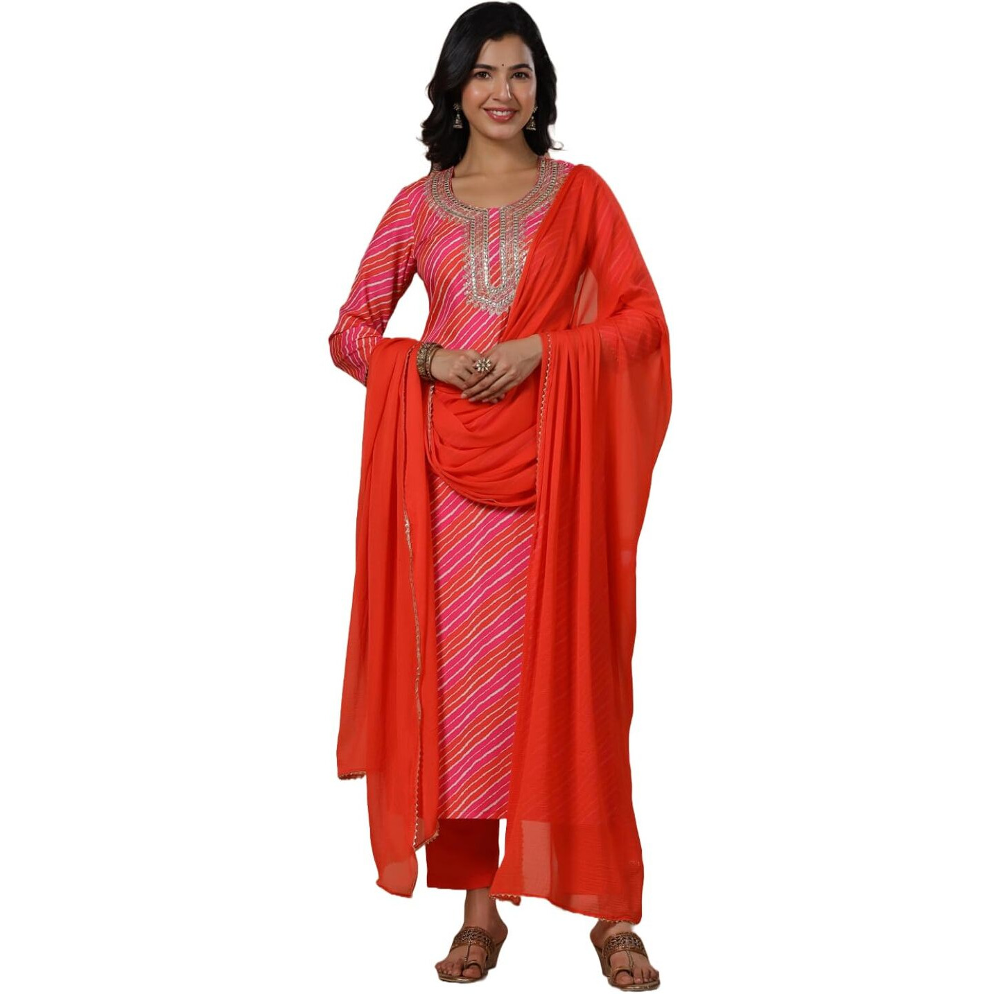 Gosriki Women's Rayon Blend Embroidered Straight Kurta With Pant & Dupatta (Nini-Multi-Nsw-Gs_Xxl_Multi_Xx-Large) Multicolour