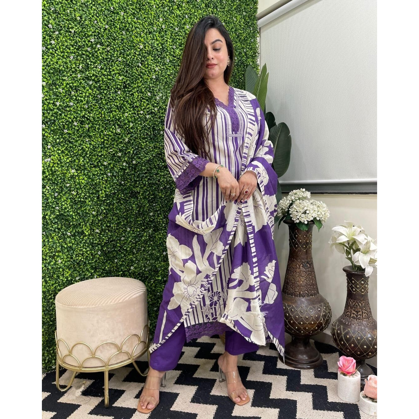 Gosriki Women's Rayon Blend Straight Printed Kurta With Pant & Dupatta (Exhuma Begani-Gs_S_Begani_Small)