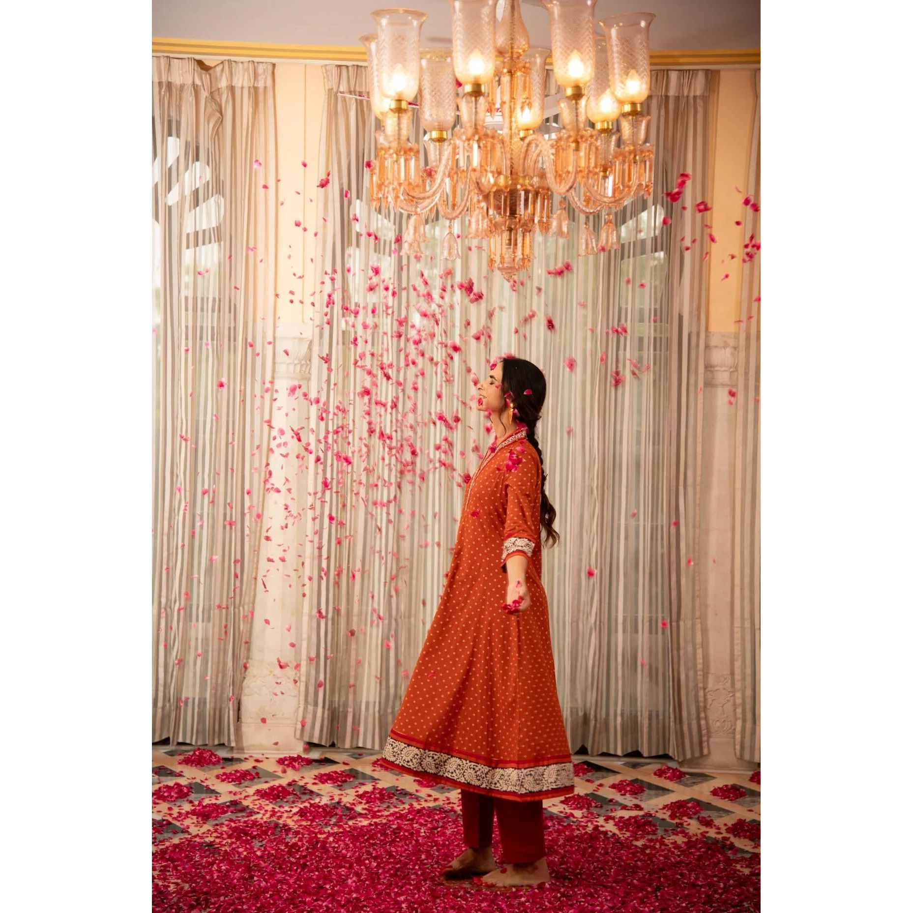 Gosriki Women's Rayon Blend Anarkali Printed Kurta With Pant (Karidos Orange-Gs_L_Orange_Large)