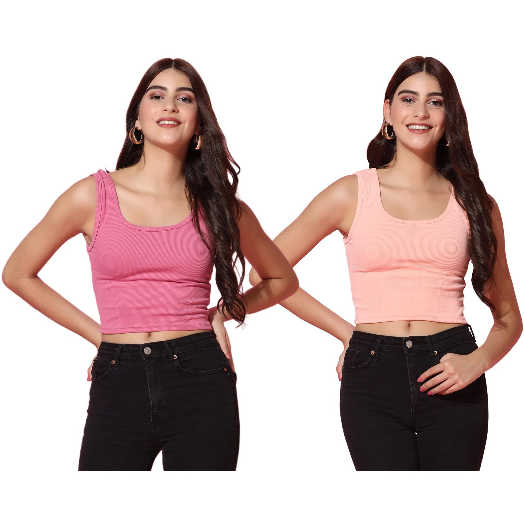 Toplot Women's Combo Solid Ribbed Scoop Neck Sleeveless Slim Fit Tank Top Pack Of 2 (Combo-5069-Pch-Pnk-Xl)
