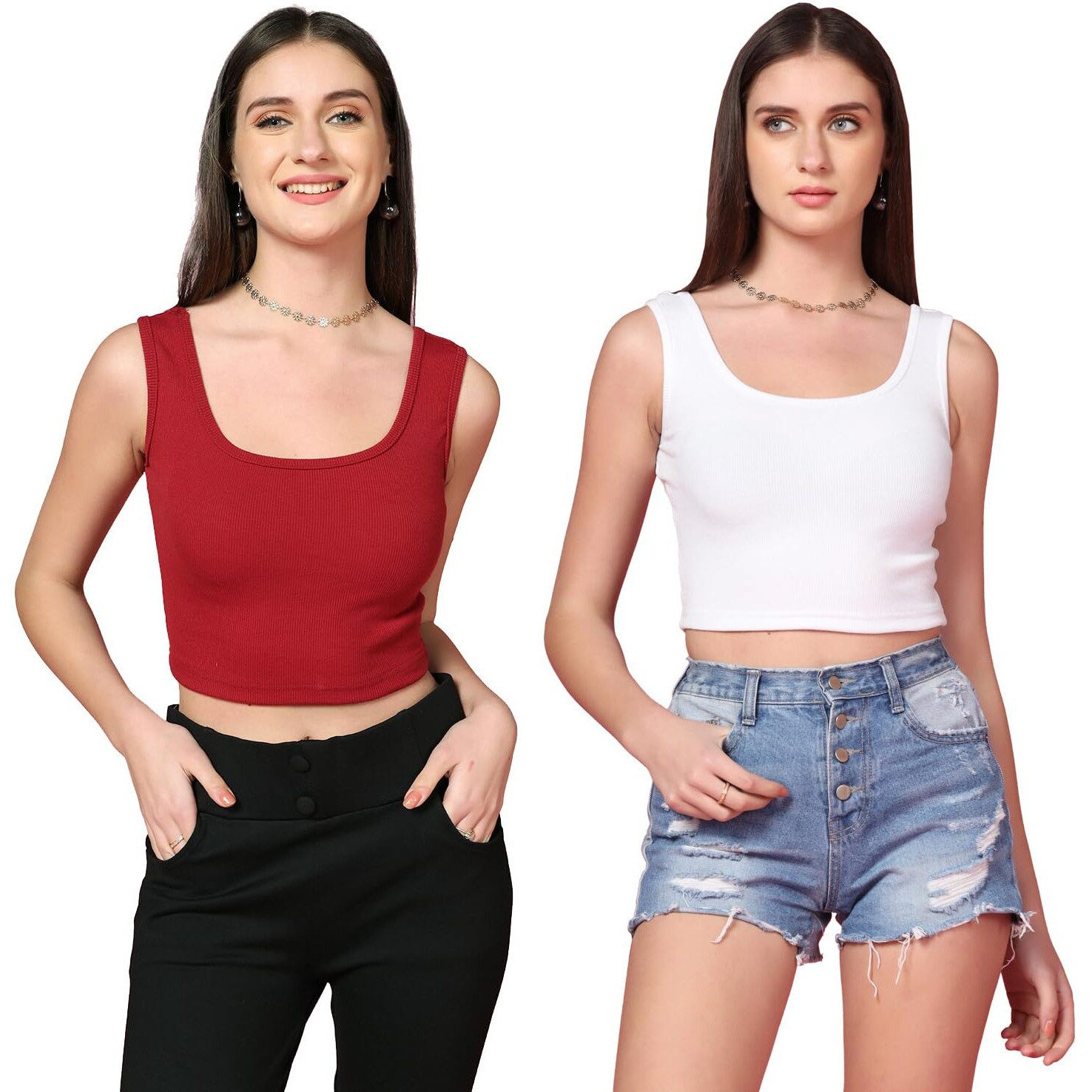 Toplot Women's Combo Solid Ribbed Scoop Neck Sleeveless Slim Fit Tank Top Pack Of 2 (Combo-5069-Mrn-Wht-L)