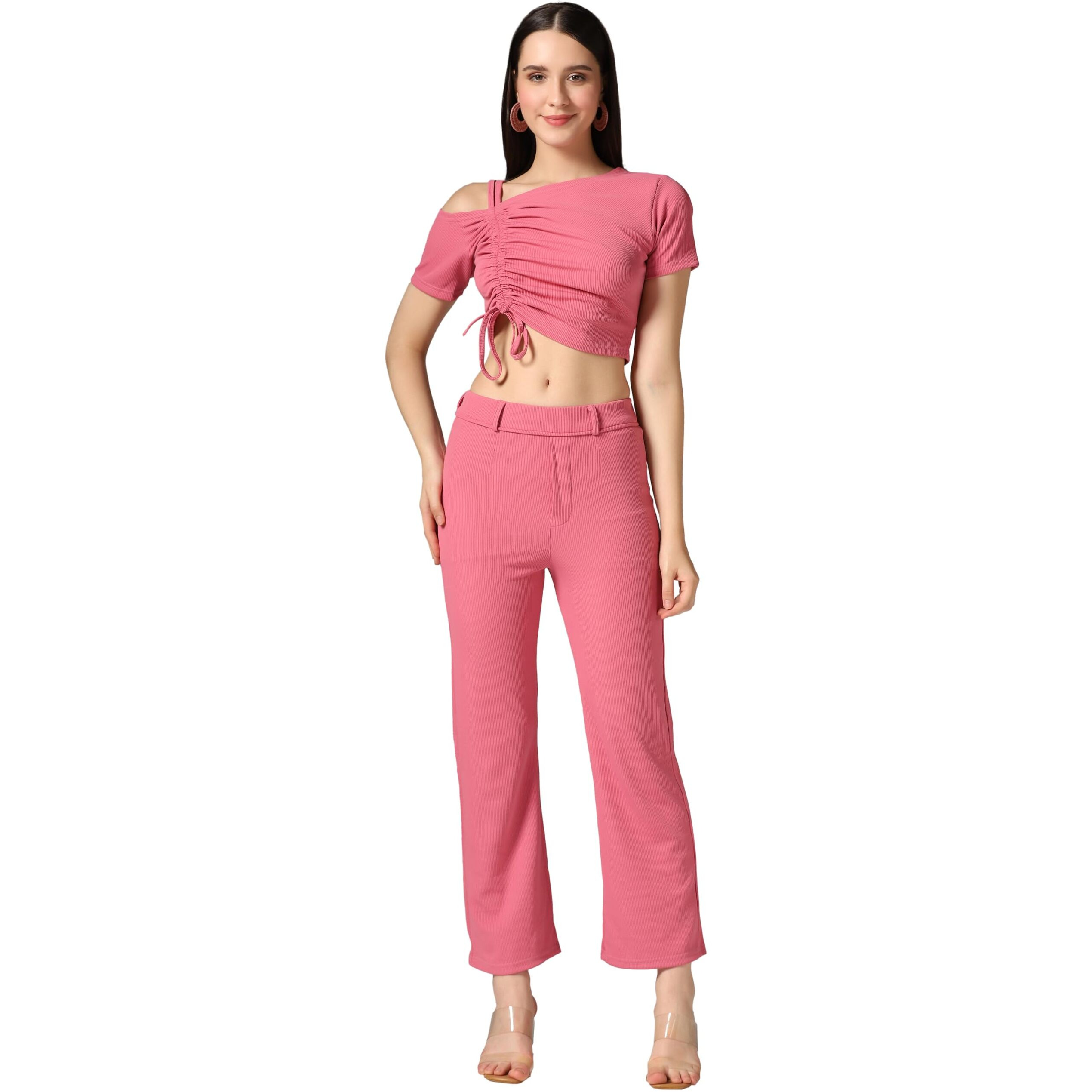 Toplot Co Ord Set For Women Solid Top And Bottom (Top-Pant-5138-Pink-L)