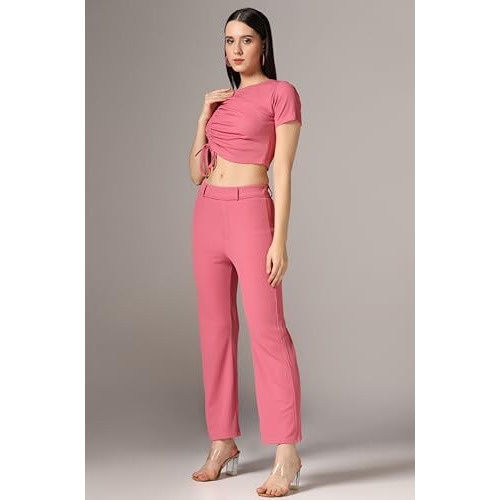 Toplot Co Ord Set For Women Solid Top And Bottom (Top-Pant-5138-Pink-L)