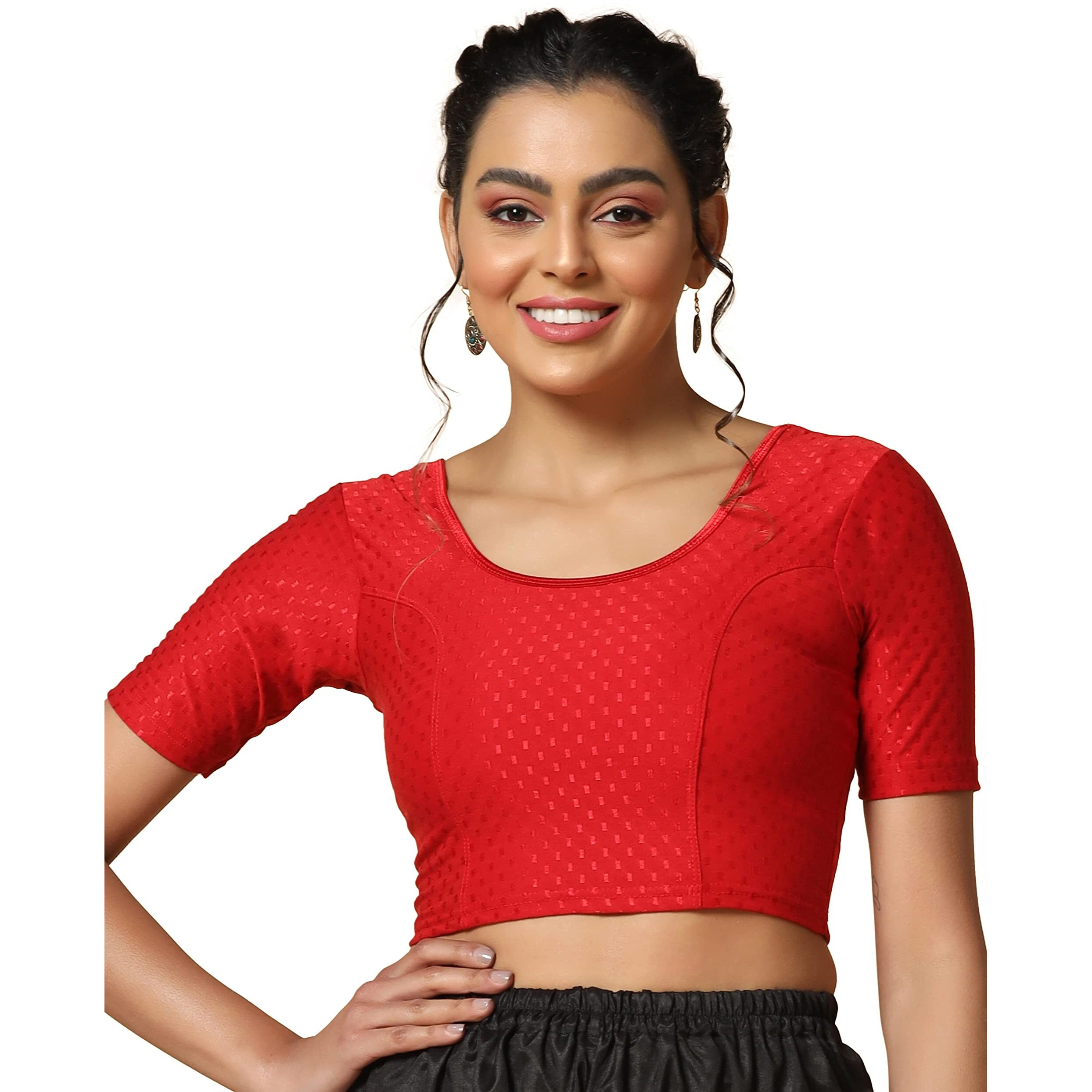 Toplot Cotton Blend Lycra Stretchable Round Neck Blouses For Women Readymade (Blouse-5058-Red-36)
