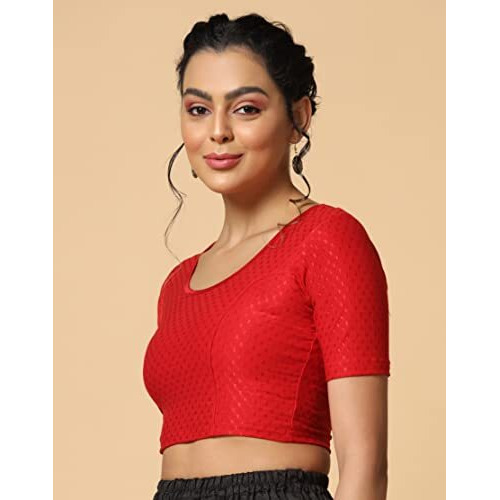Toplot Cotton Blend Lycra Stretchable Round Neck Blouses For Women Readymade (Blouse-5058-Red-36)