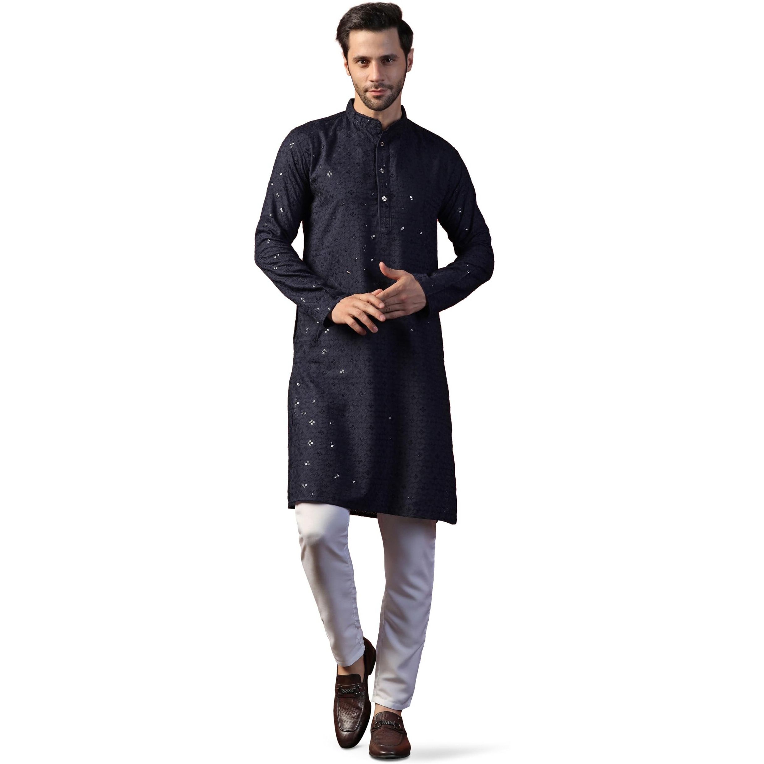Toplot Kurta For Men || Men's Ethnic Wear Sequin Embroidered Cotton Blend Kurta Set || Men's Kurta (Men-Seq-Kurta-Set-5209-Navy-S)