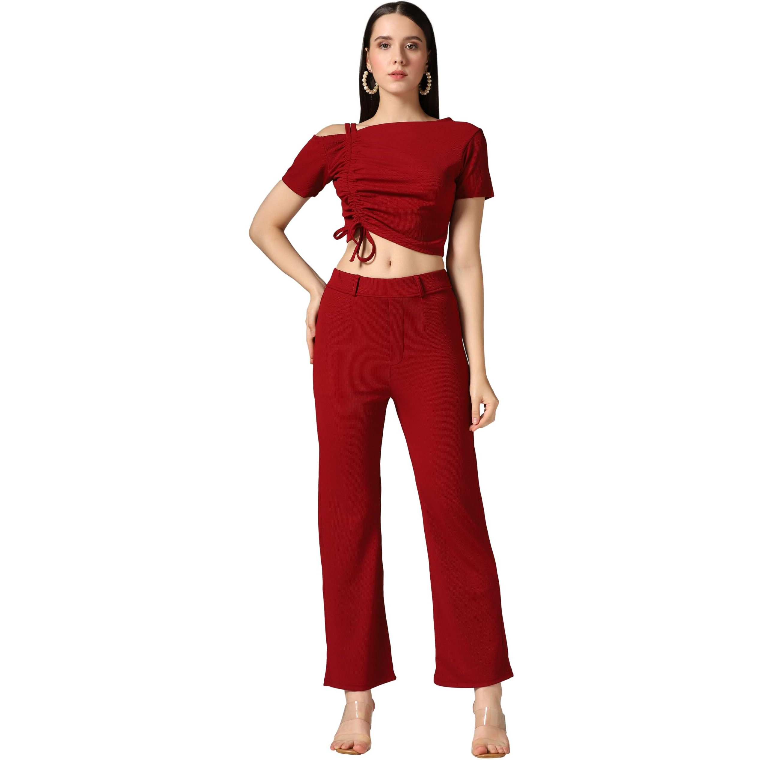 Toplot Co Ord Set For Women Solid Top And Bottom (Top-Pant-5138-Maroon-M)