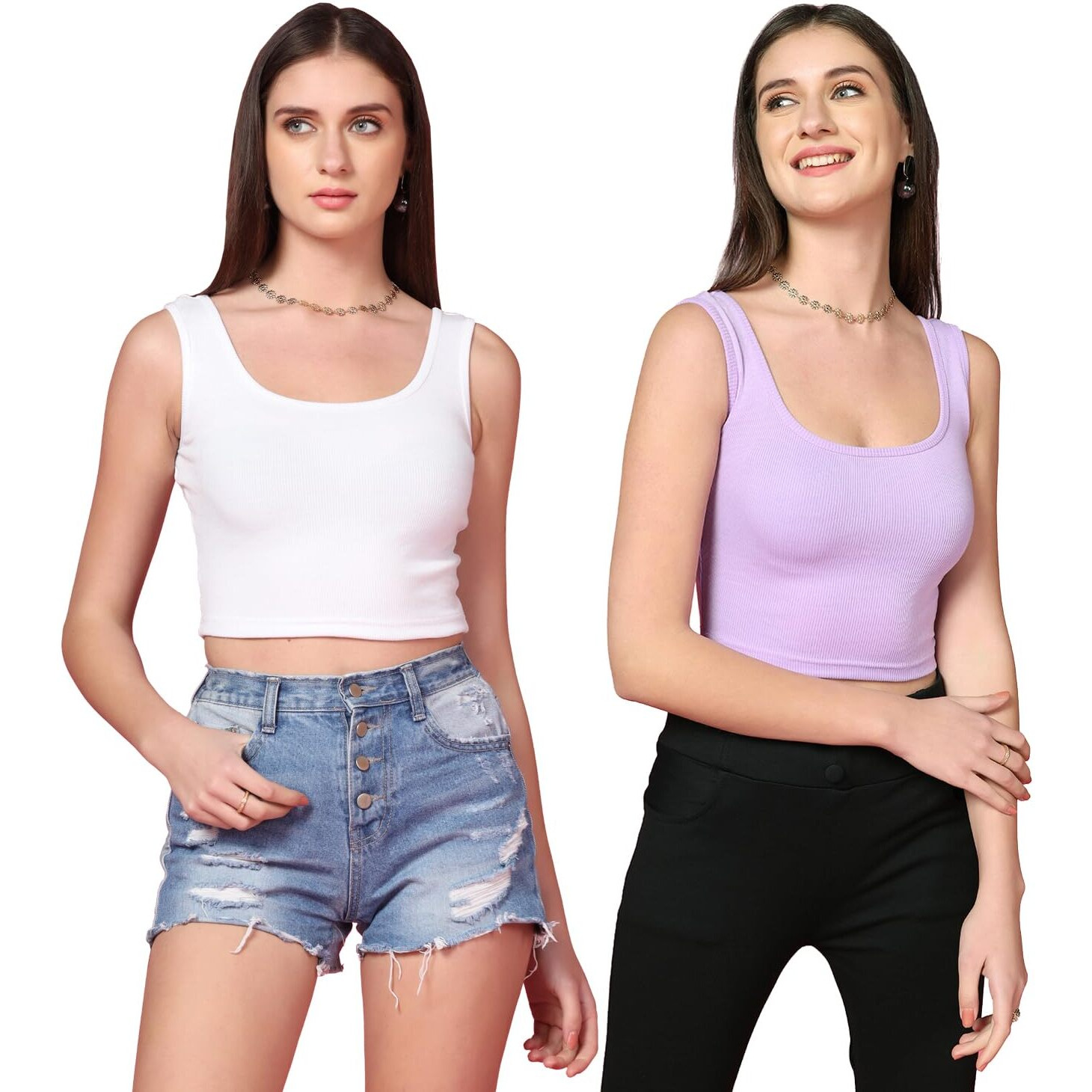 Toplot Women's Combo Solid Ribbed Scoop Neck Sleeveless Slim Fit Tank Top Pack Of 2 (Combo-5069-Wht-Prl-L)