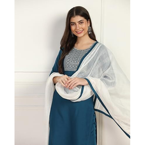 Toplot Women's Solid Straight Kurta With Pant & Dupatta|Kurta Pant Set With Dupatta (Straight-Kurta-Pant-5197-Turquoise-L)