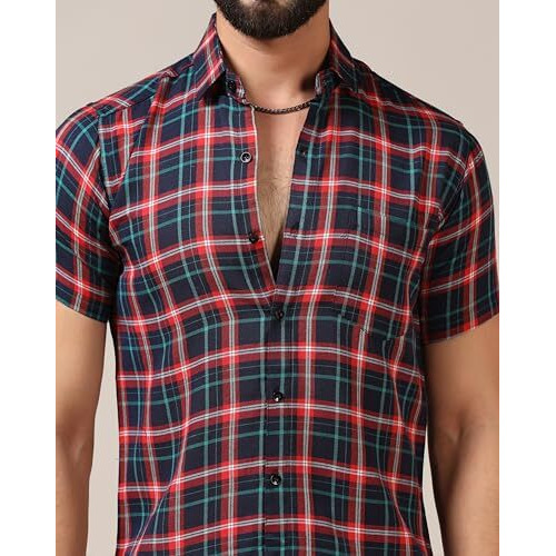 Toplot Men's Regular Fit Casual Shirt Checks Design With Spread Collar & Half Sleeves (Chex-Shirt-5177-Denim-L)
