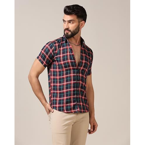 Toplot Men's Regular Fit Casual Shirt Checks Design With Spread Collar & Half Sleeves (Chex-Shirt-5177-Denim-L)