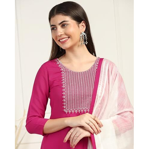 Toplot Women's Solid Straight Kurta With Pant & Dupatta|Kurta Pant Set With Dupatta (Straight-Kurta-Pant-5197-Pink-M)