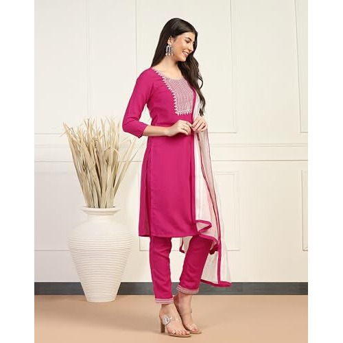 Toplot Women's Solid Straight Kurta With Pant & Dupatta|Kurta Pant Set With Dupatta (Straight-Kurta-Pant-5197-Pink-M)