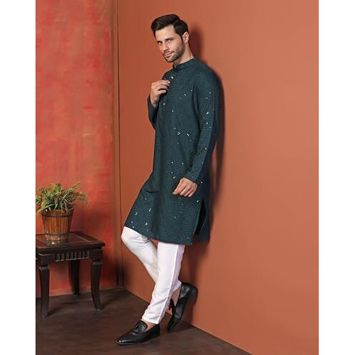 Toplot Kurta For Men || Men's Ethnic Wear Sequin Embroidered Cotton Blend Kurta Set || Men's Kurta (Men-Seq-Kurta-Set-5209-Rama-M)