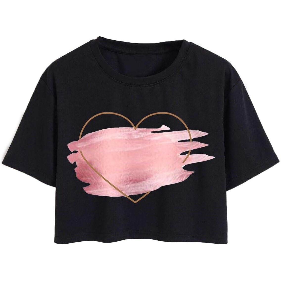 Toplot Heart Printed Round Neck Crop Top For Women (Big-Heart-Top-5201-Black-S)