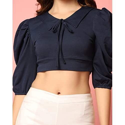 Toplot Women's V-Collar Polo Crop Top With Half Sleeves (Top-5111-Navy-M)