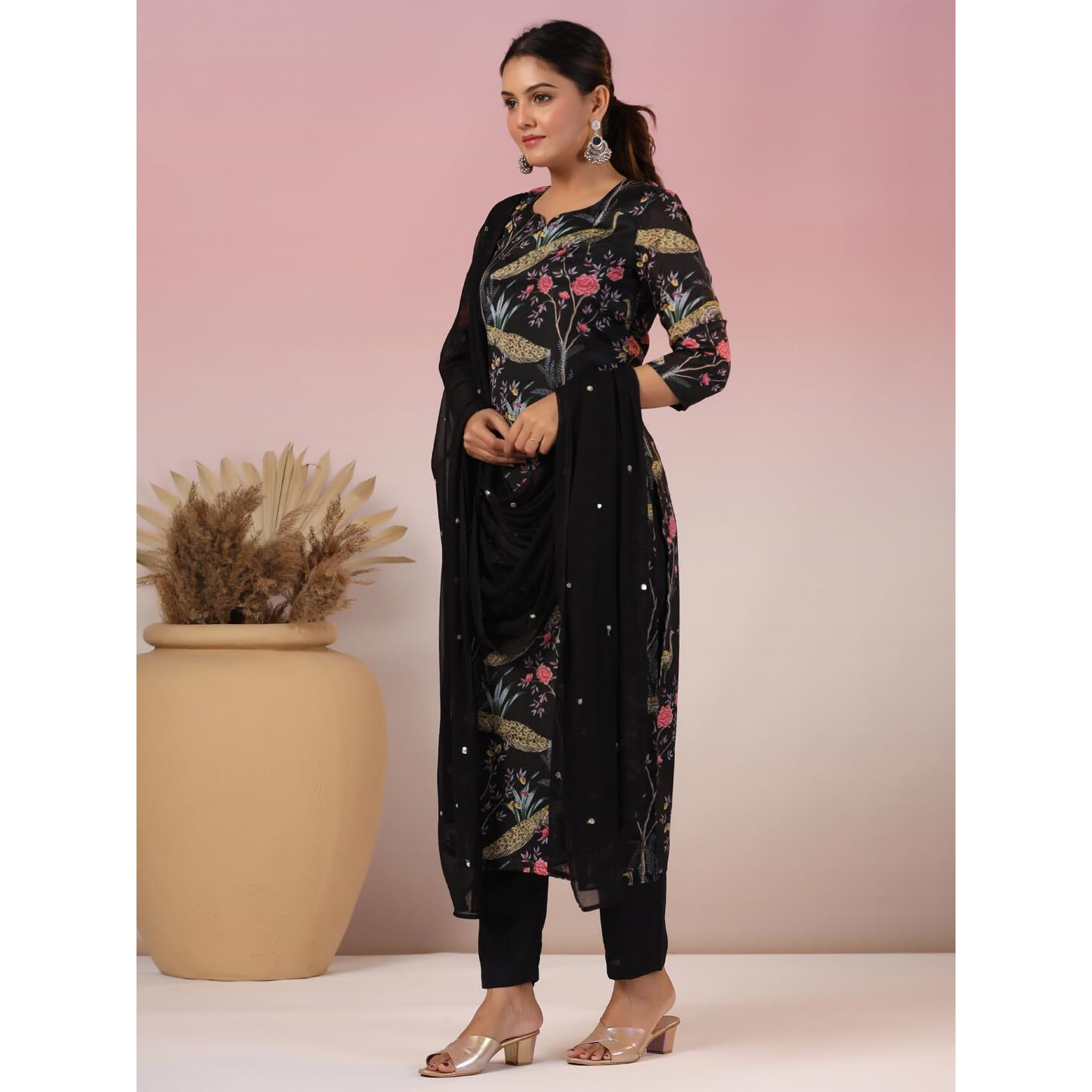 Gosriki Women's Rayon Blend Printed Straight Kurta With Pant & Dupatta (Geto Black-Nw-Gs_S_Black_Small)