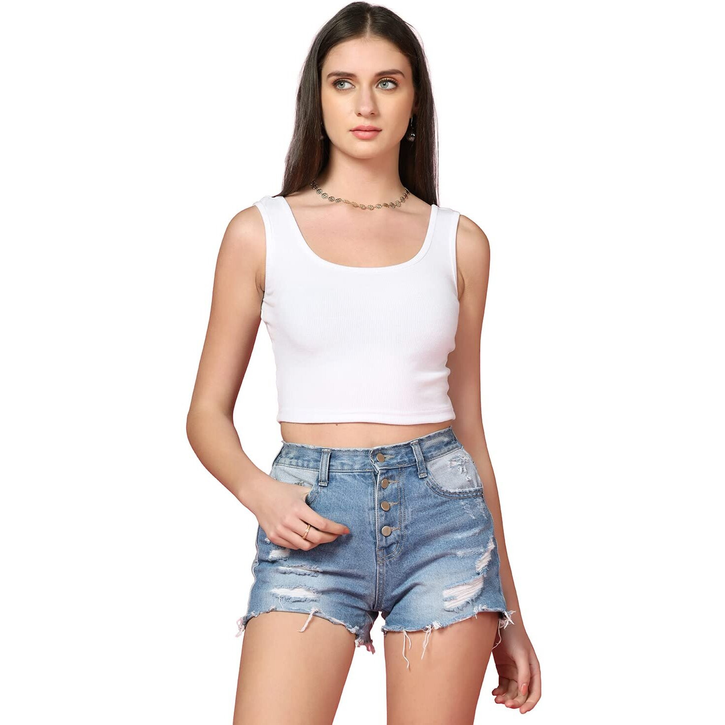 Toplot Women's Solid Ribbed Round Neck Sleeveless Slim Fit Tank Top (Tank-Top-5069-White-L)