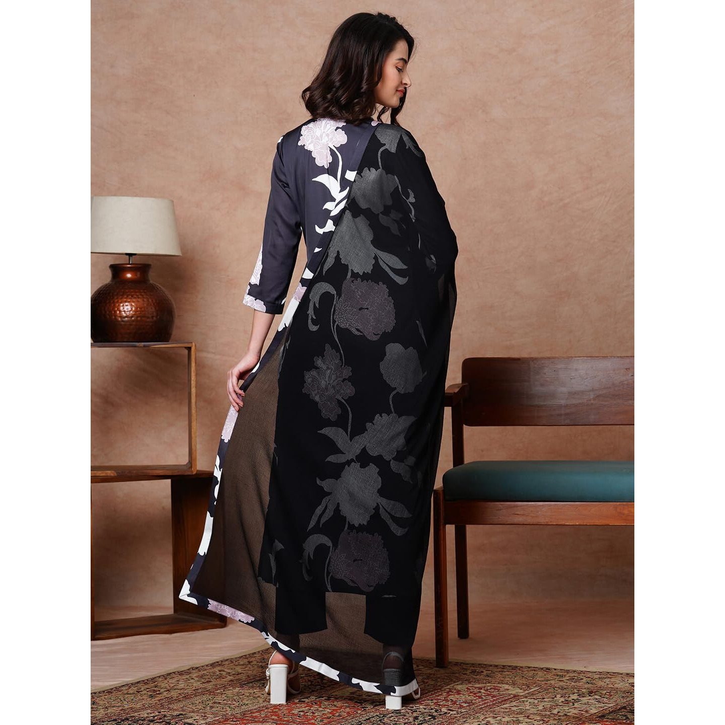 Gosriki Women's Rayon Blend Straight Printed Kurta With Pant & Dupatta (Kalal Black-Nw-Gs_M_Black_Medium)