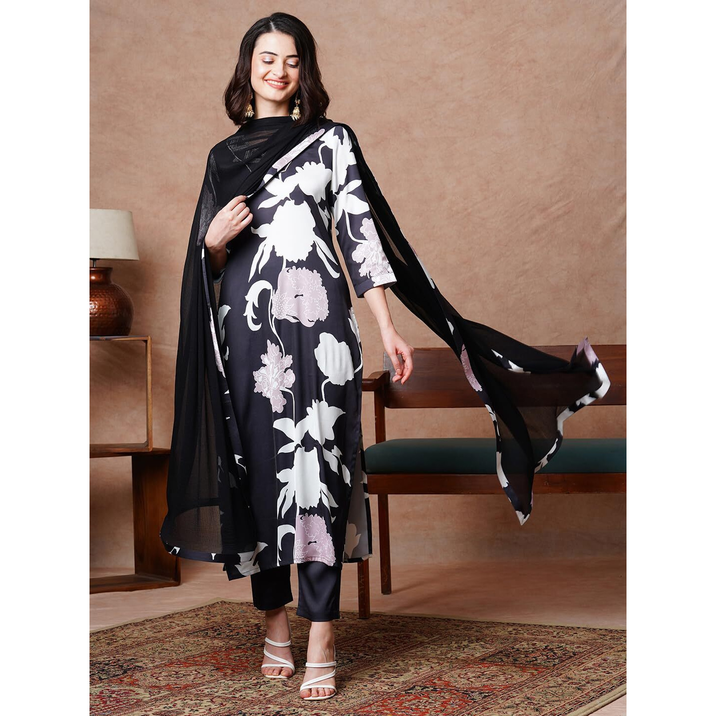 Gosriki Women's Rayon Blend Straight Printed Kurta With Pant & Dupatta (Kalal Black-Nw-Gs_M_Black_Medium)