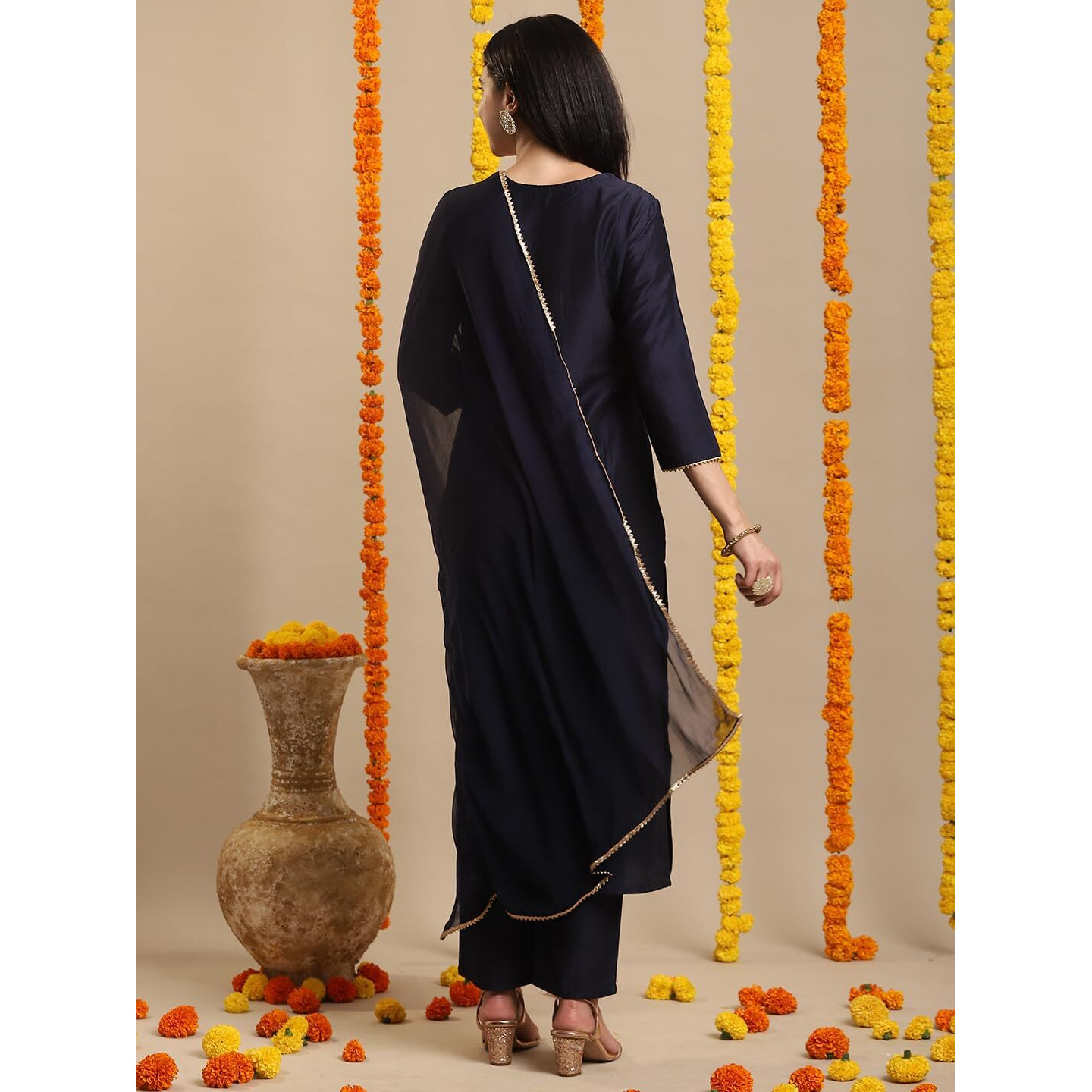 Gosriki Women's Rayon Blend Straight Embroidered Kurta With Pant & Dupatta (Paan Blue-Gs_Xl_Blue_X-Large)
