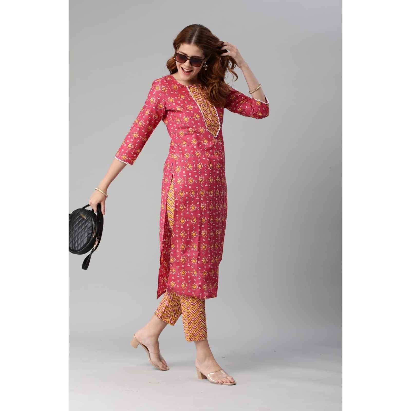 Gosriki Women's Cotton Blend Traditional Straight Printed Kurta And Pant Set (Mikaa Pink-Nw_Xl-Gs_Pink_X-Large)