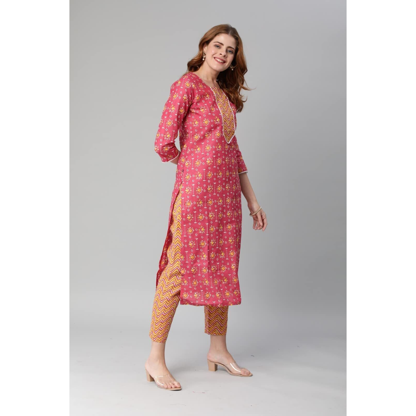 Gosriki Women's Cotton Blend Traditional Straight Printed Kurta And Pant Set (Mikaa Pink-Nw_Xl-Gs_Pink_X-Large)