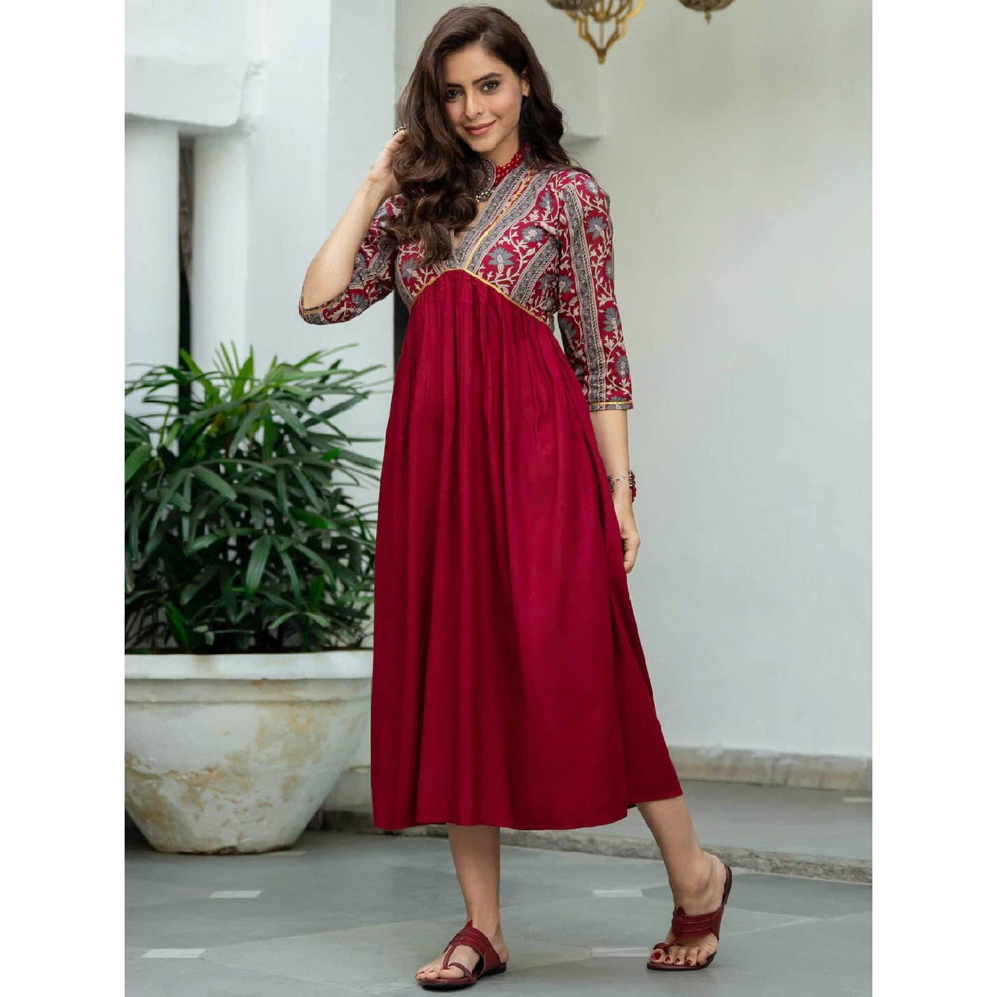 Gosriki Women's Viscose Rayon Maroon & Grey Printed Flared Kurta (Ruh-Maroon_Xl-Gs_Maroon_X-Large)