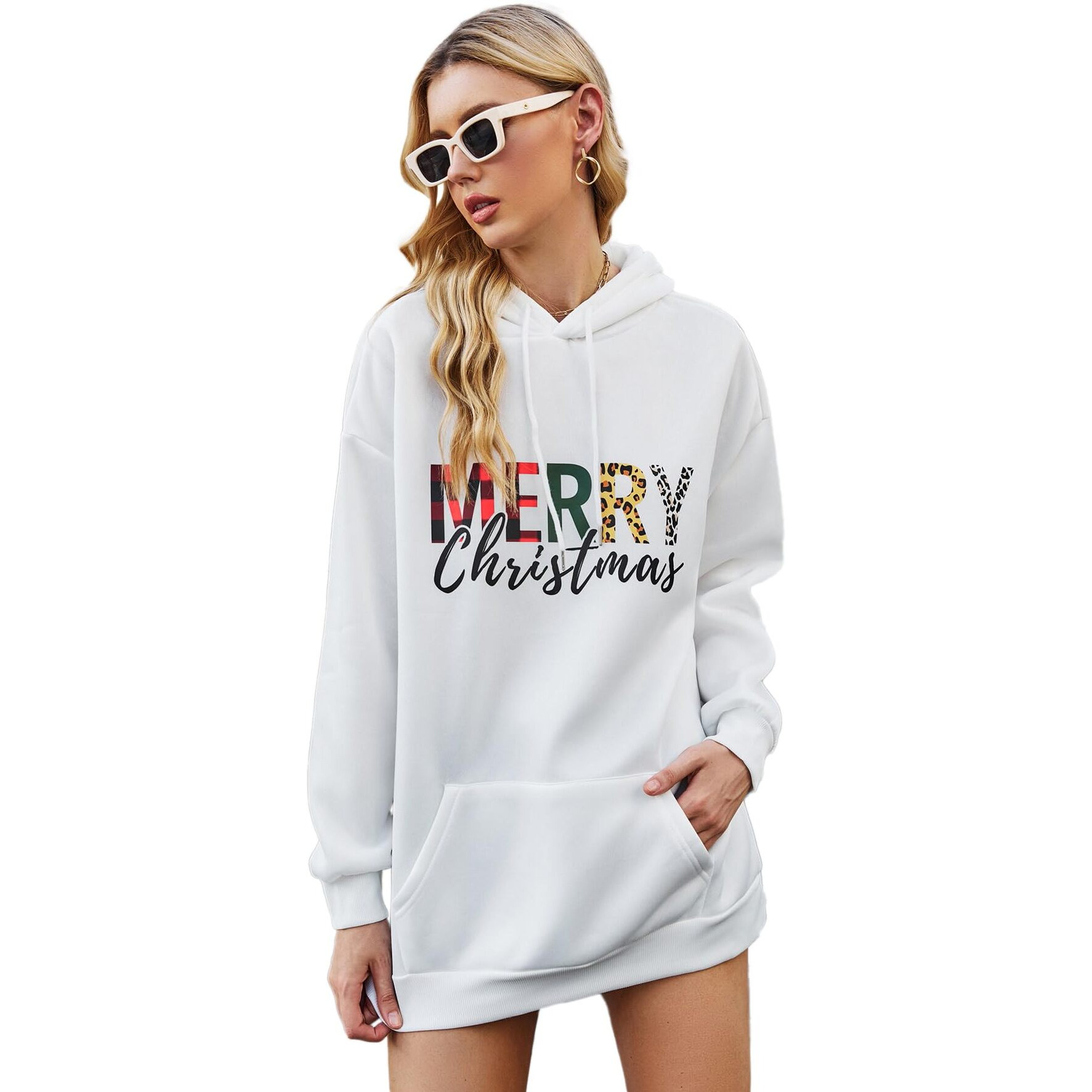 Toplot Women's Woolen Long Typographic Printed White Hoodie With Hooded Neck (T-Hoodie-5051-Merry-L)